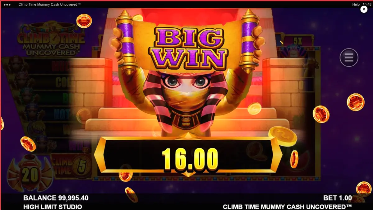 Tampilan visual slot Climb Time Mummy Cash Uncovered dengan tema Mesir modern