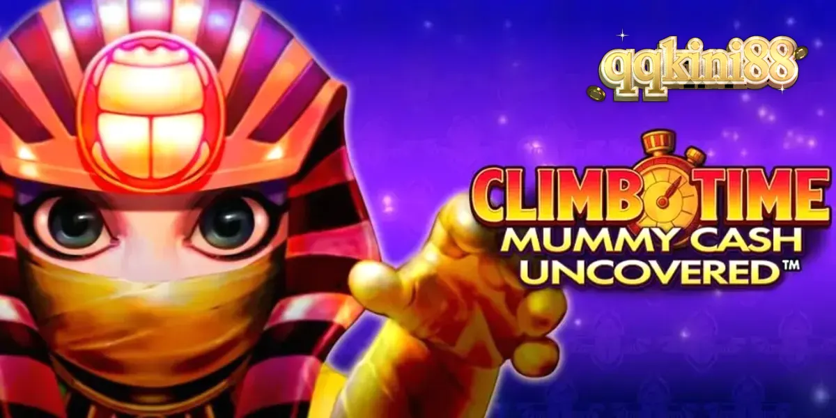 Tampilan visual slot Climb Time Mummy Cash Uncovered dengan latar belakang malam Mesir